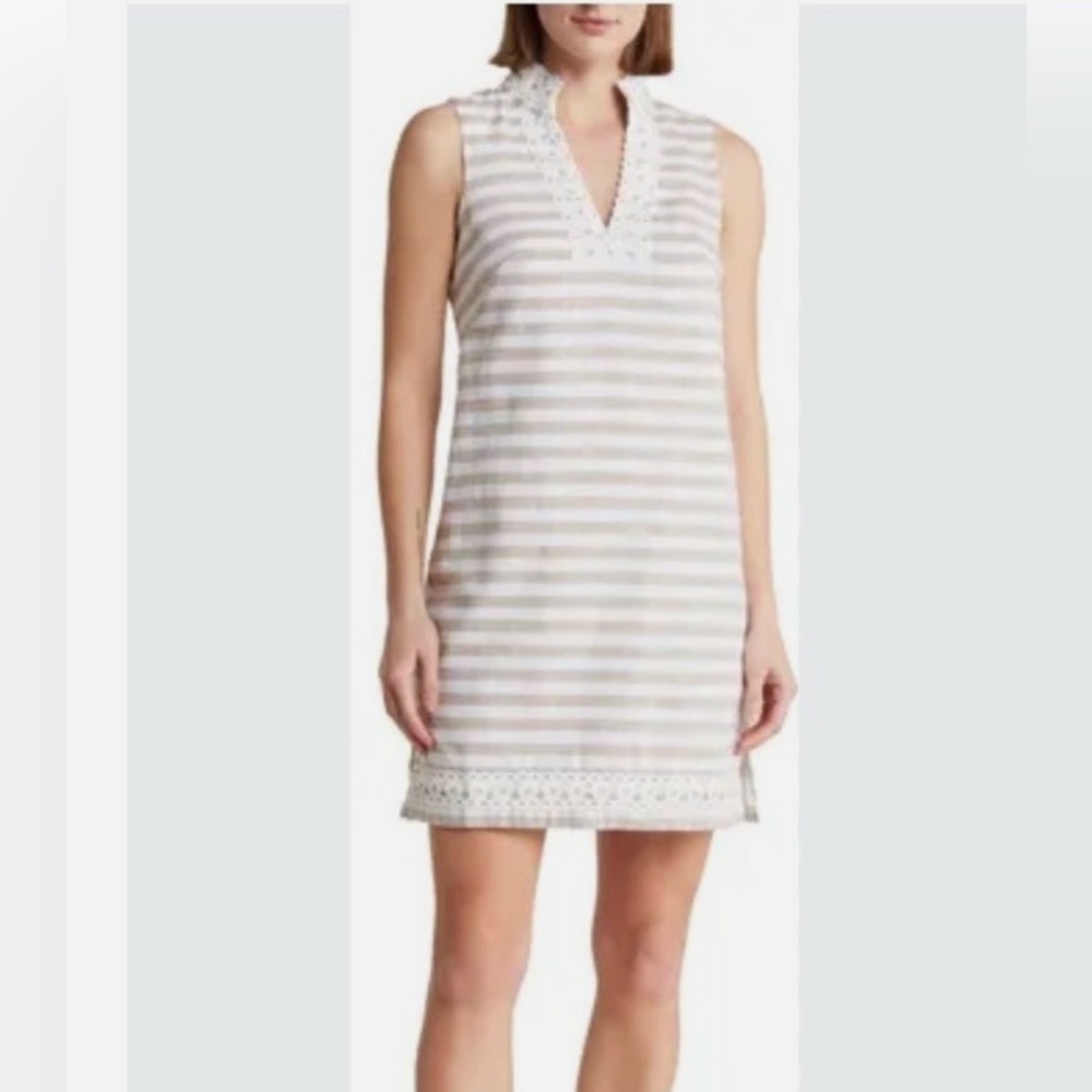 Eliza J Striped Sleeveless Linen Shift Sheath Dress Taupe/White Women’s